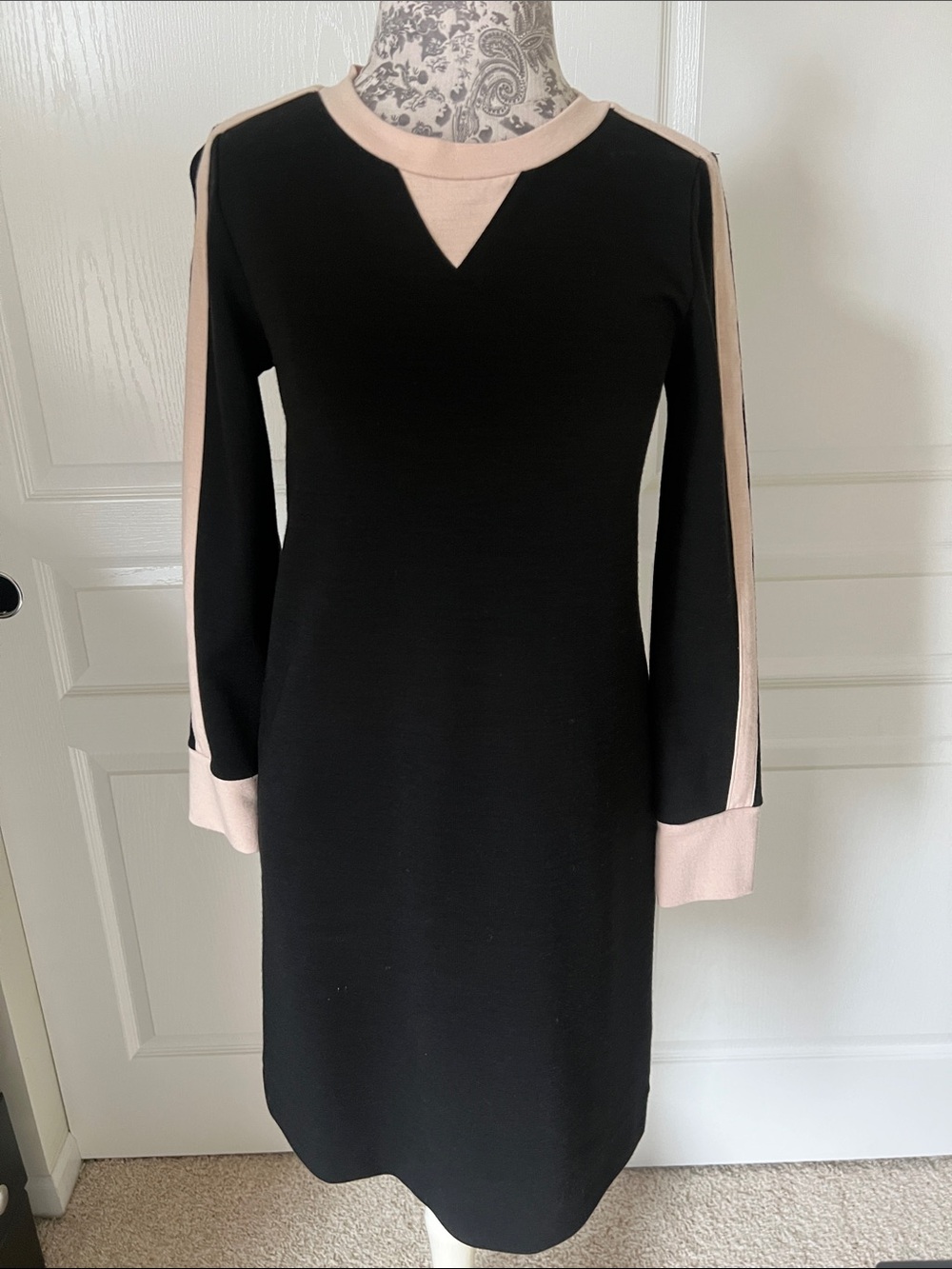 J. Crew Black Knit Long-Sleeve Dress with Blush Trim